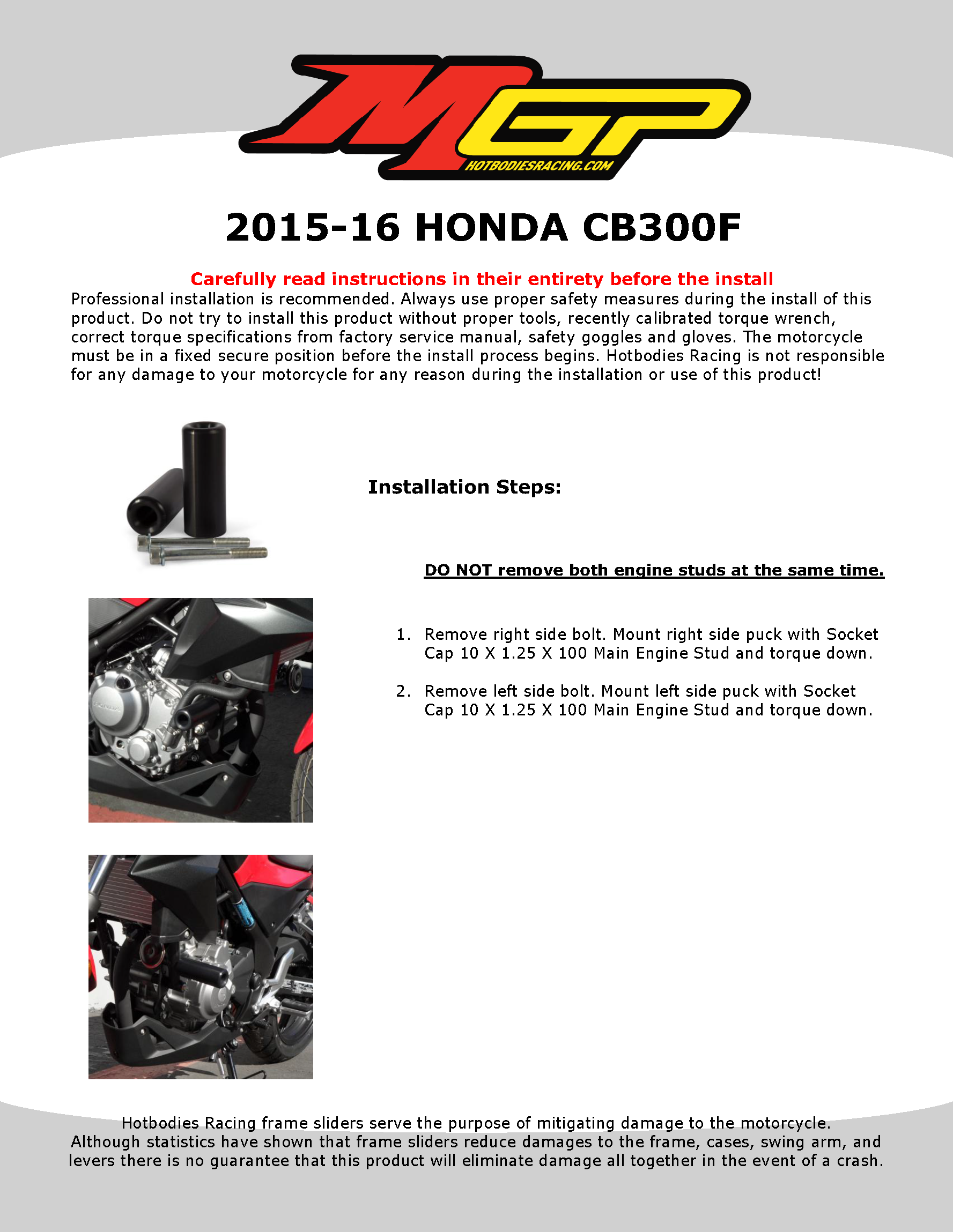 CB300F 2015-16 NO Cut Frame Sliders